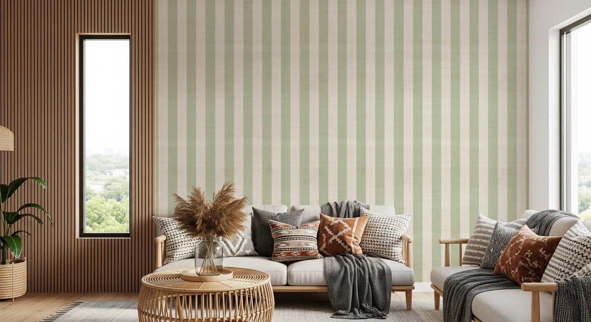 Green and White Stripe Linen Look Texture Wallpaper⁠