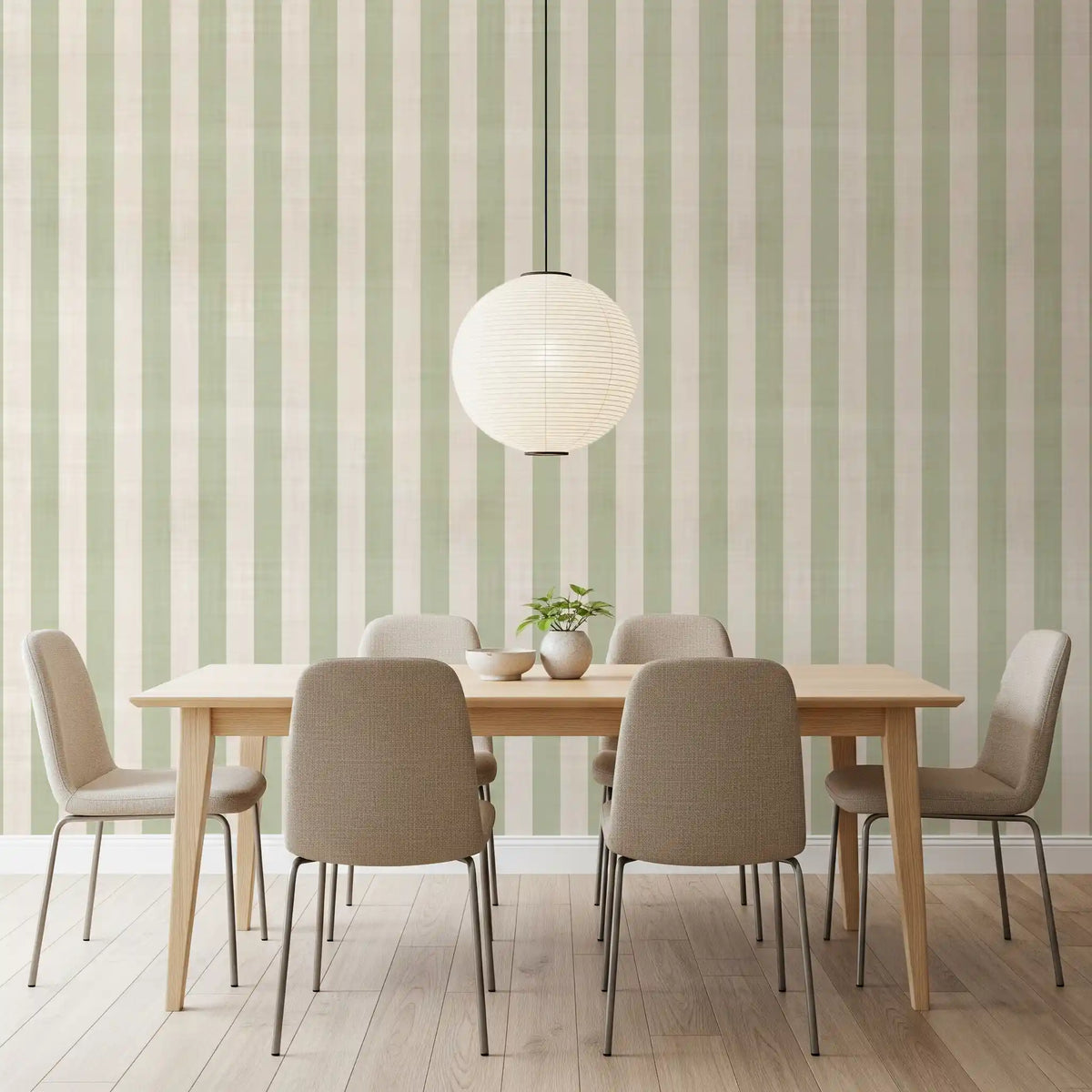 Green and White Stripe Linen Look Texture Wallpaper⁠