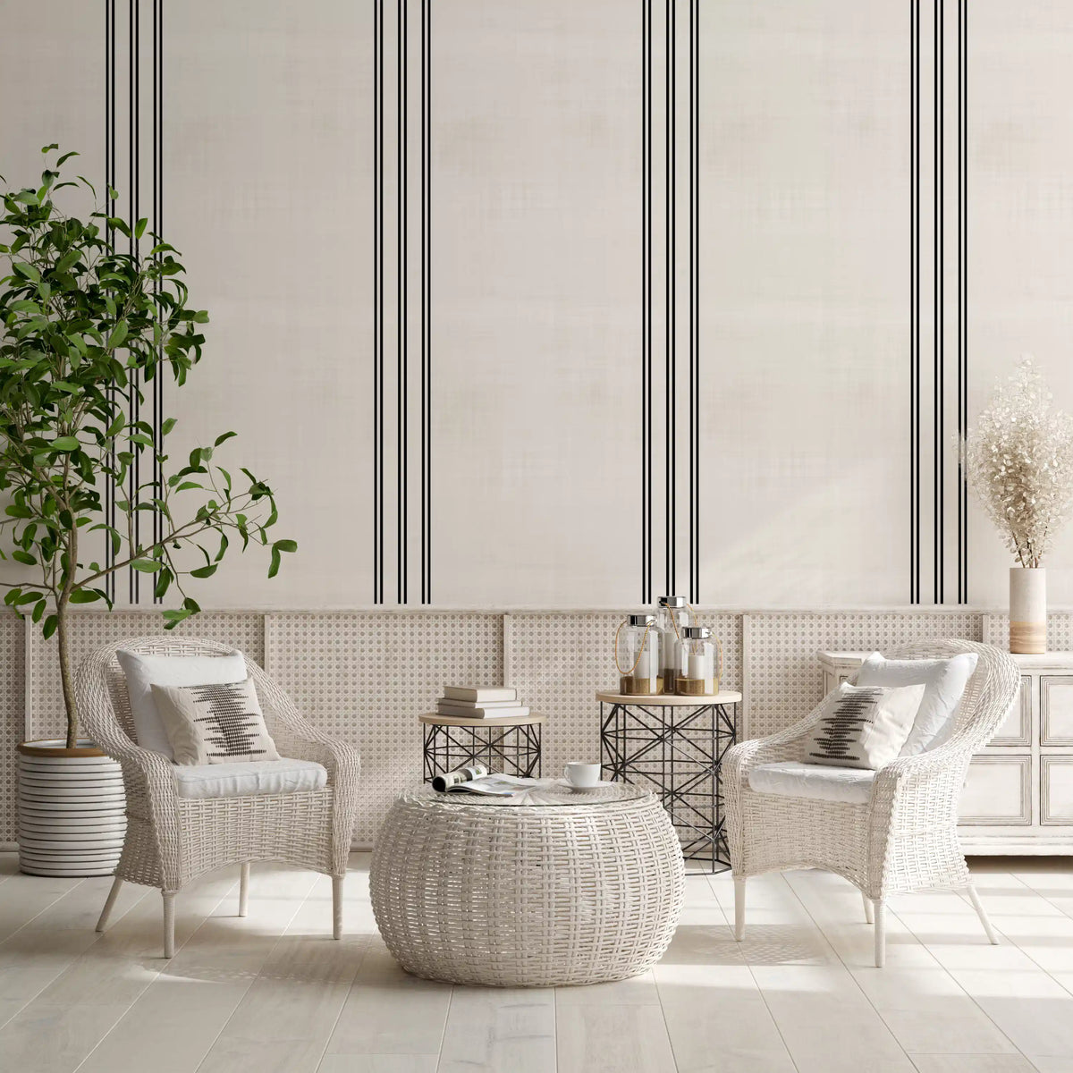 Black Stripes Linen Look Texture Wallpaper⁠