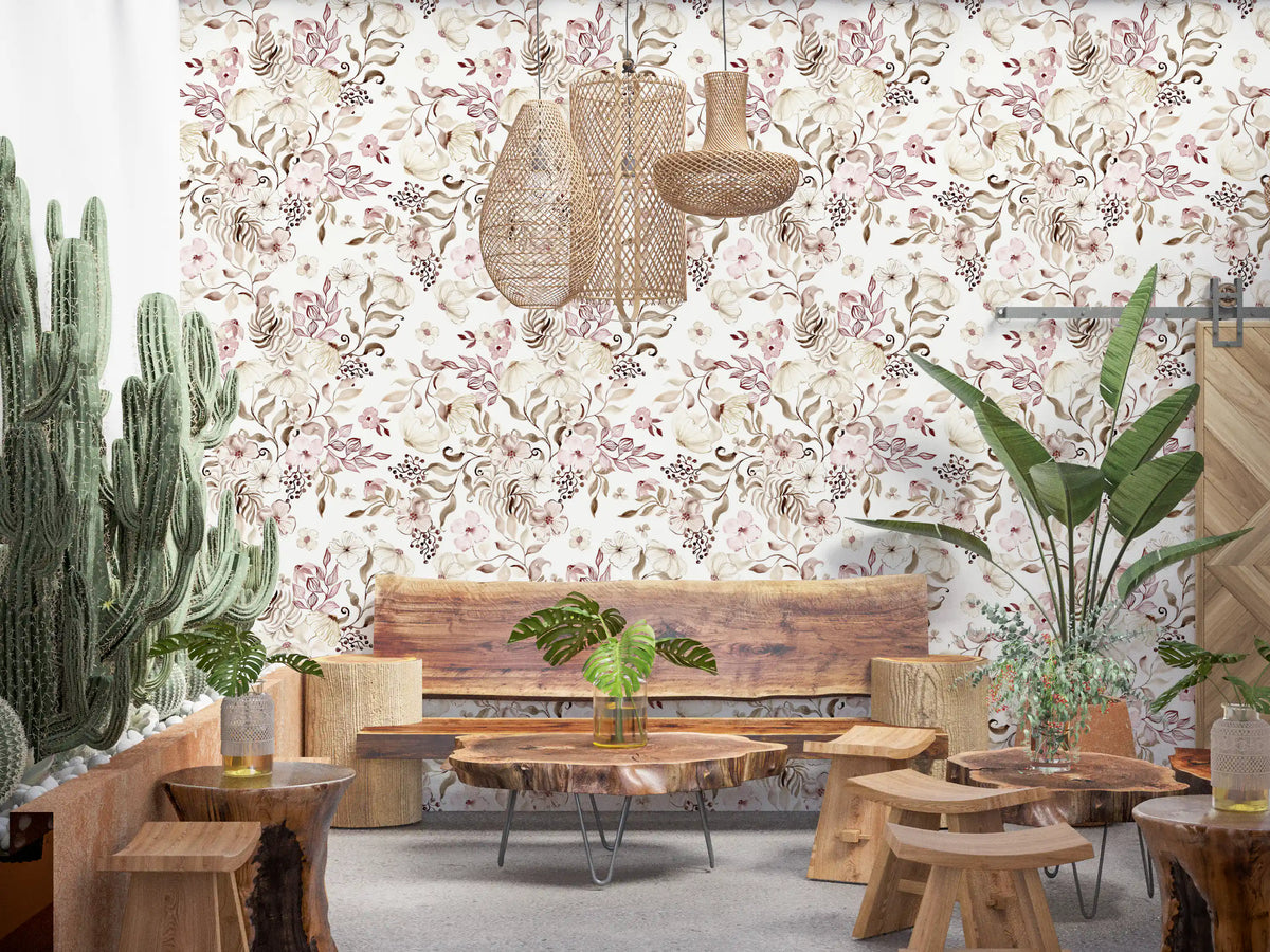 Blush and Ivory Watercolor Subtle Garden Wallpaper⁠