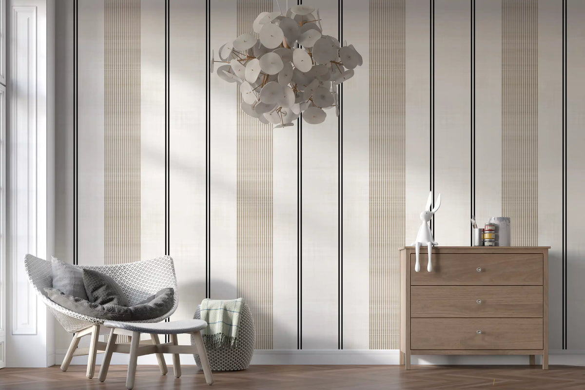 Beige and Black Stripe Linen Look Texture Wallpaper⁠