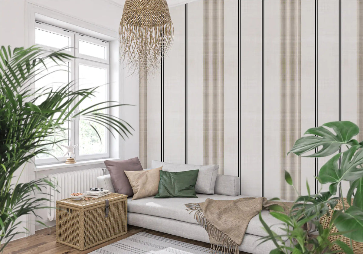 Beige and Black Stripe Linen Look Texture Wallpaper⁠