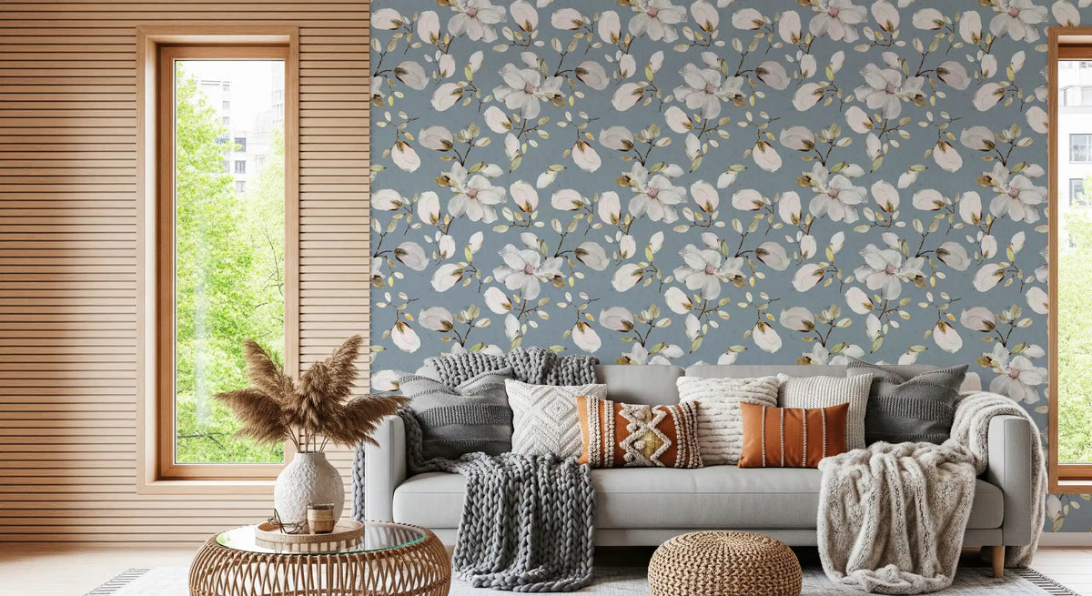 Magnolia Flowers Ocean Blue Wallpaper⁠