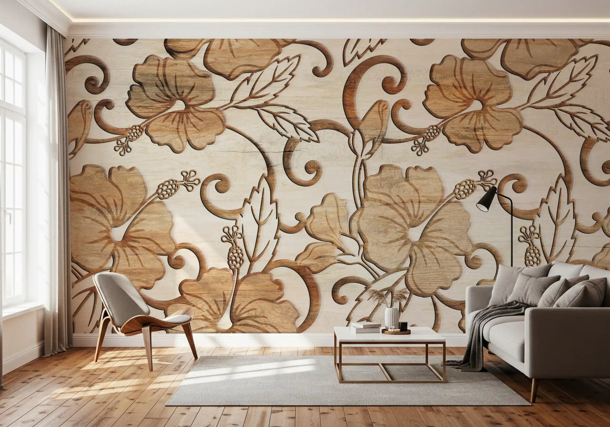 : Vintage Beige Floral Wood Texture Wallpaper Wall Mural