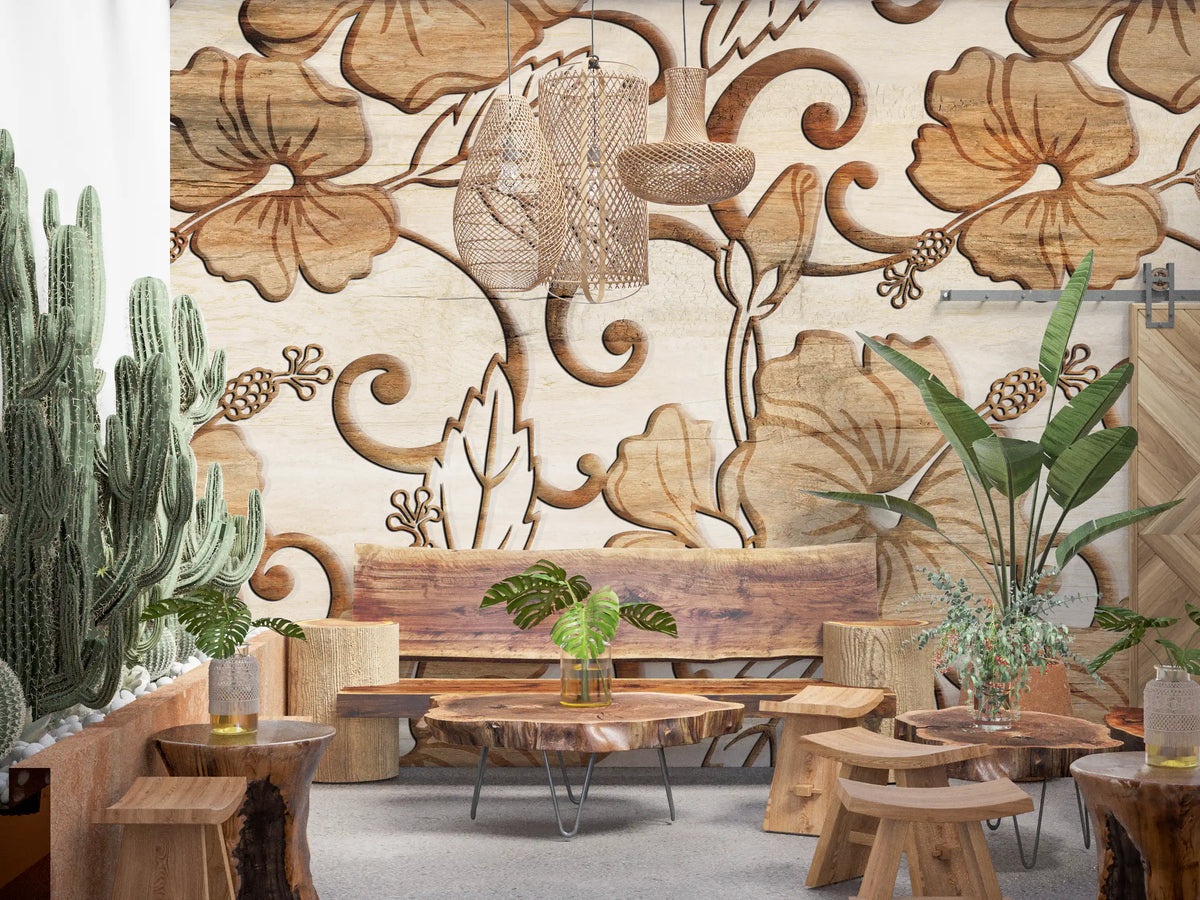 : Vintage Beige Floral Wood Texture Wallpaper Wall Mural