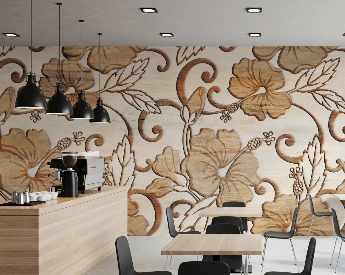 : Vintage Beige Floral Wood Texture Wallpaper Wall Mural
