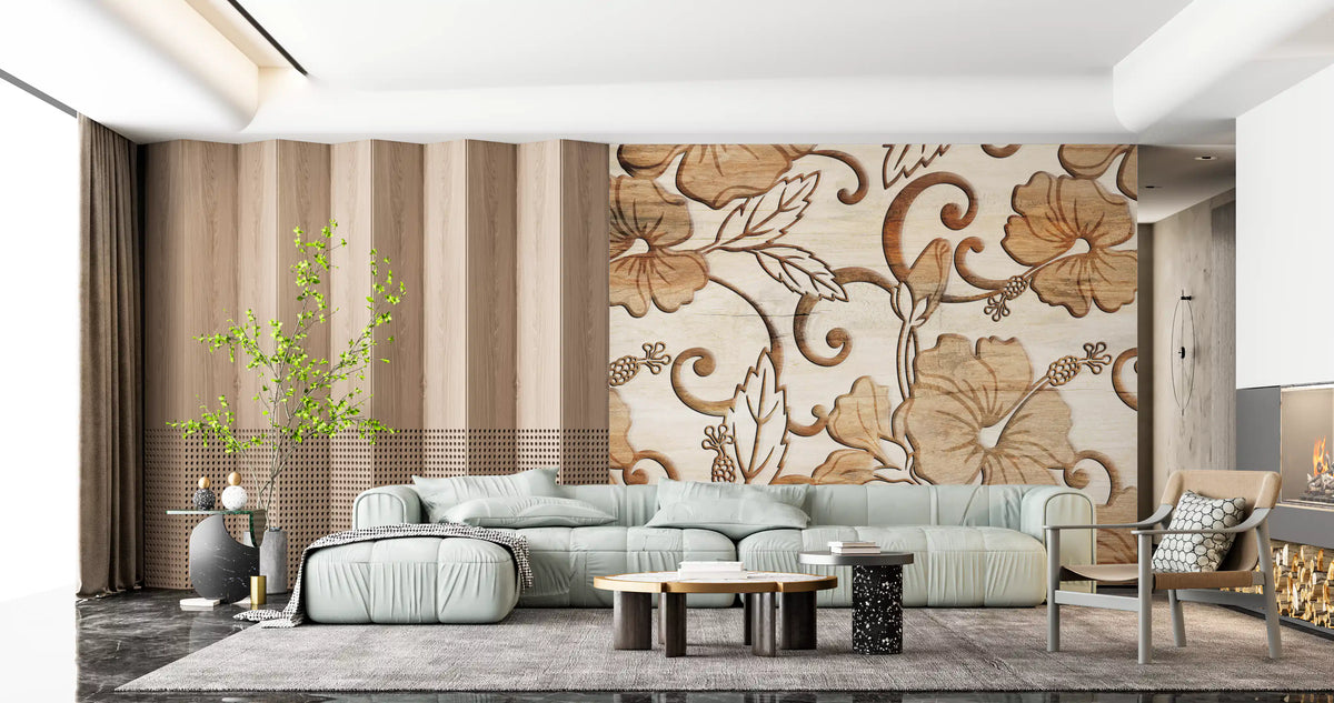 : Vintage Beige Floral Wood Texture Wallpaper Wall Mural