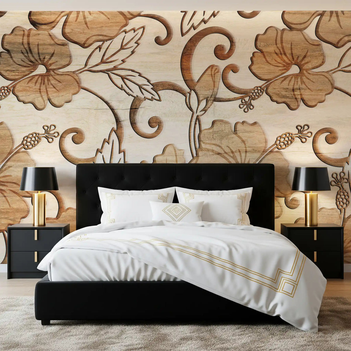 : Vintage Beige Floral Wood Texture Wallpaper Wall Mural