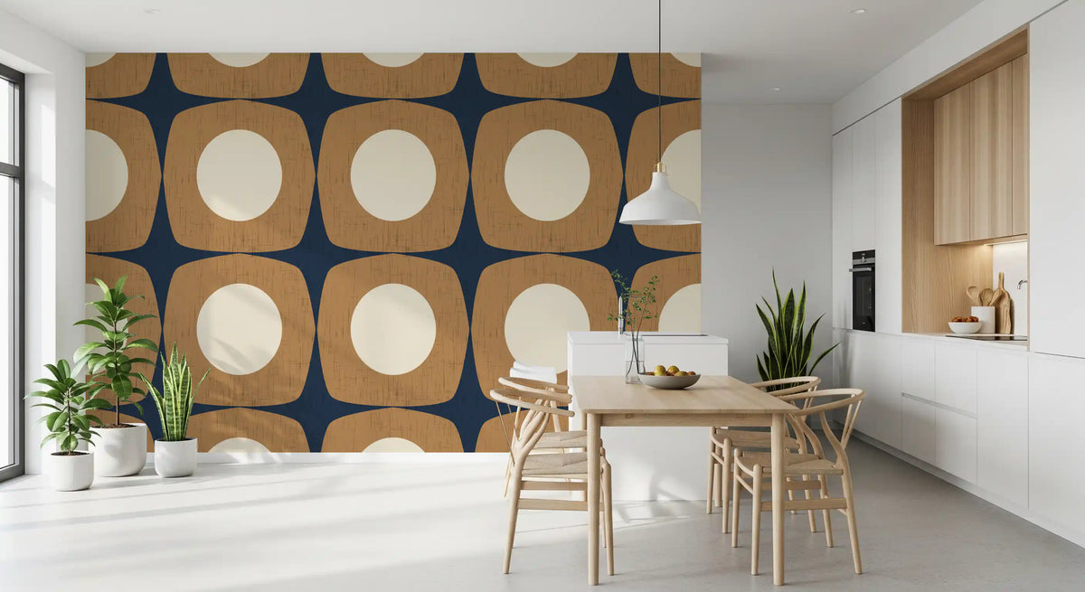 Mid Century Atomic Starburst Wallpaper Navy Blue & Caramel Wallpaper⁠