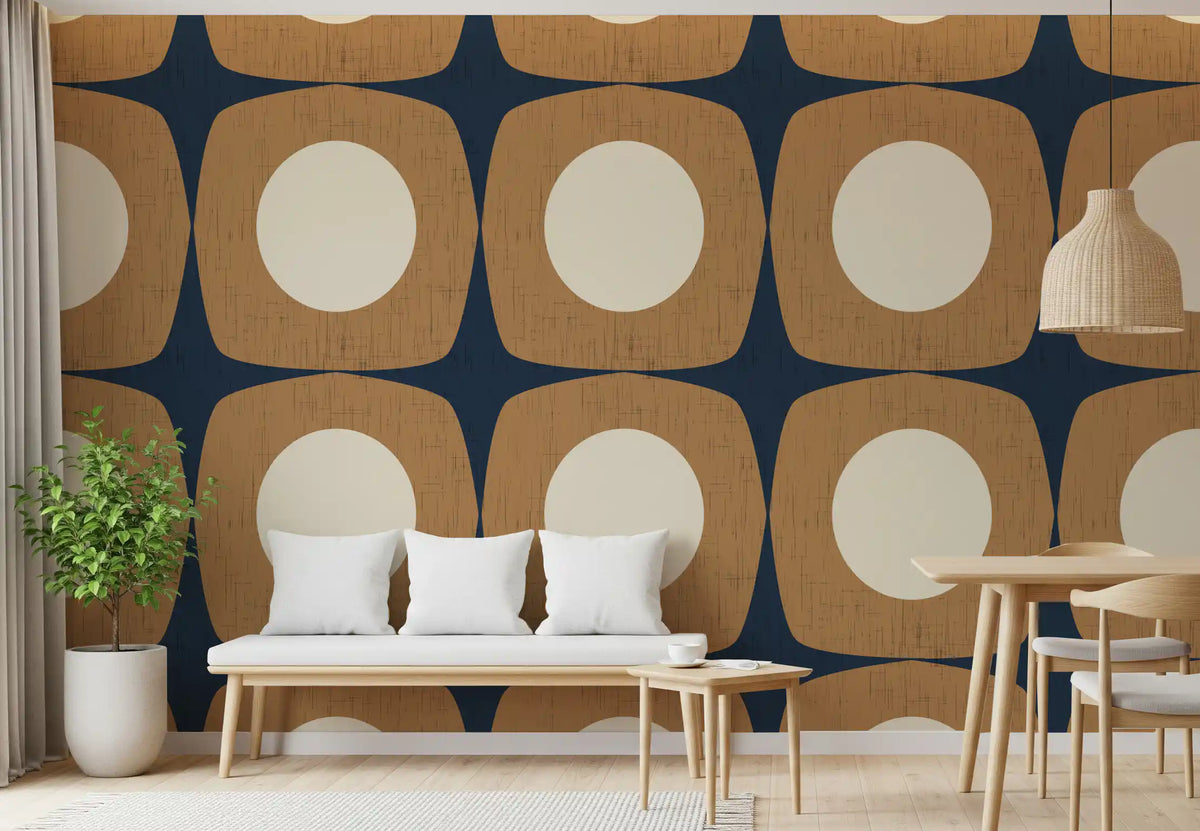 Mid Century Atomic Starburst Wallpaper Navy Blue & Caramel Wallpaper⁠