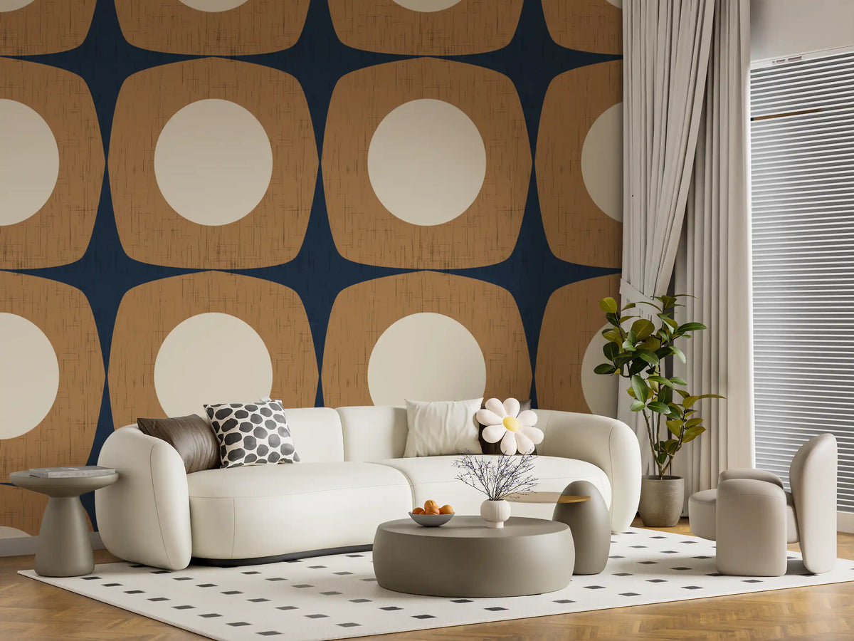 Mid Century Atomic Starburst Wallpaper Navy Blue & Caramel Wallpaper⁠