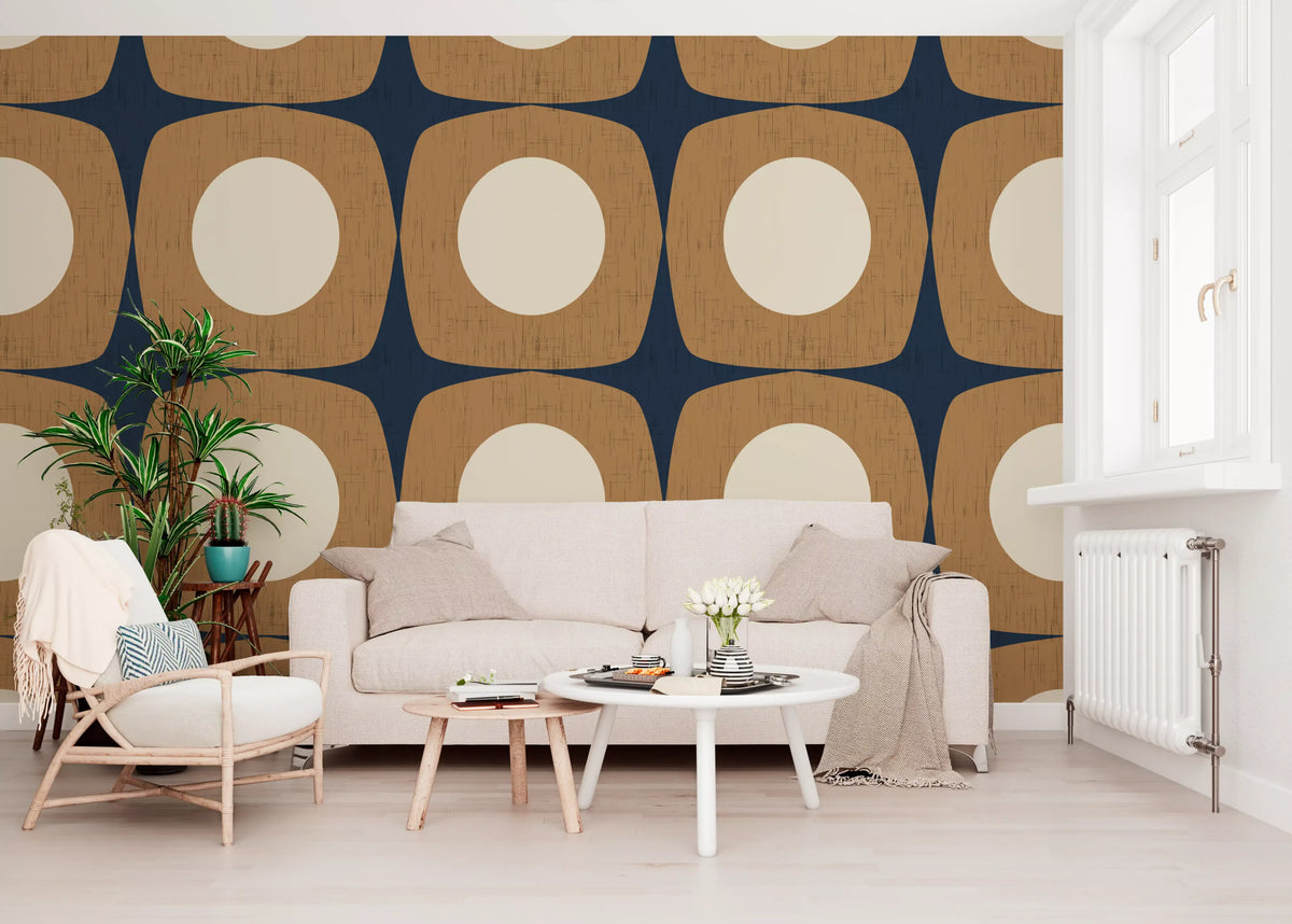 Mid Century Atomic Starburst Wallpaper Navy Blue & Caramel Wallpaper⁠
