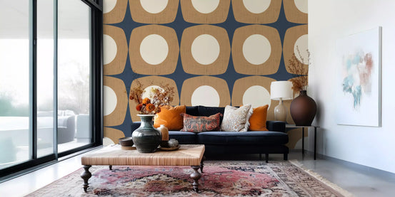 Mid Century Atomic Starburst Wallpaper Navy Blue & Caramel Wallpaper⁠