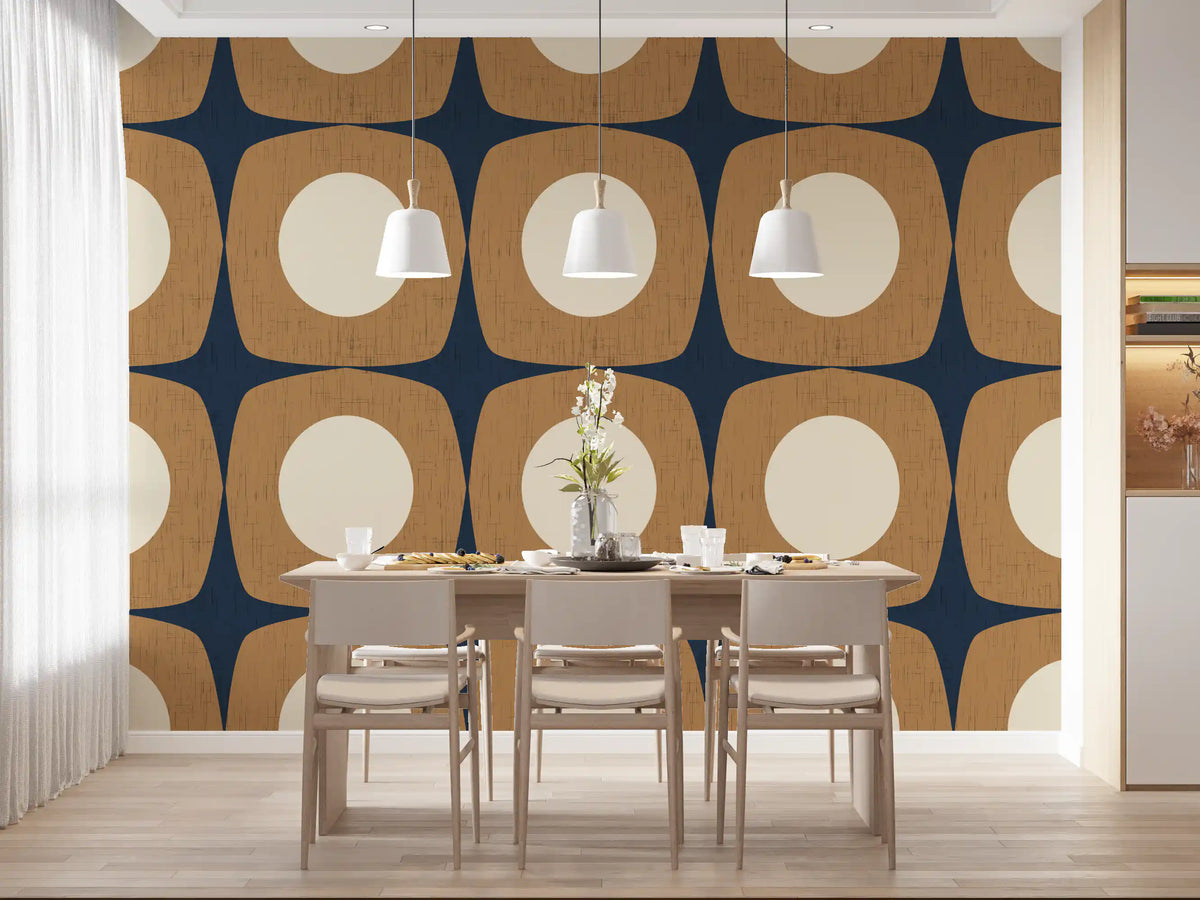 Mid Century Atomic Starburst Wallpaper Navy Blue & Caramel Wallpaper⁠