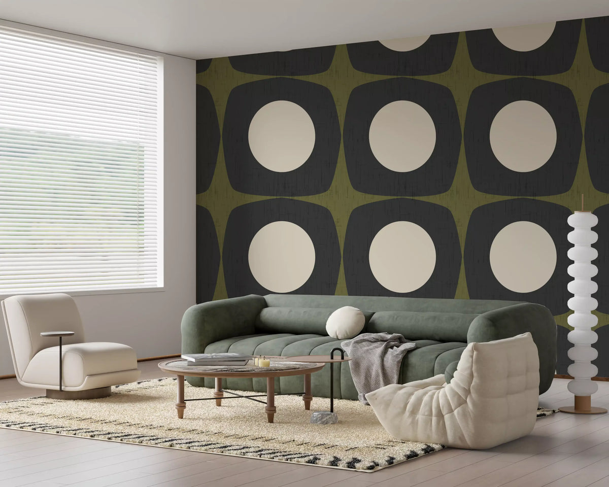 Mid Century Atomic Starburst Wallpaper Charcoal & Olive Wallpaper⁠