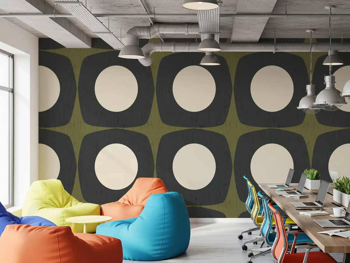 Mid Century Atomic Starburst Wallpaper Charcoal & Olive Wallpaper⁠