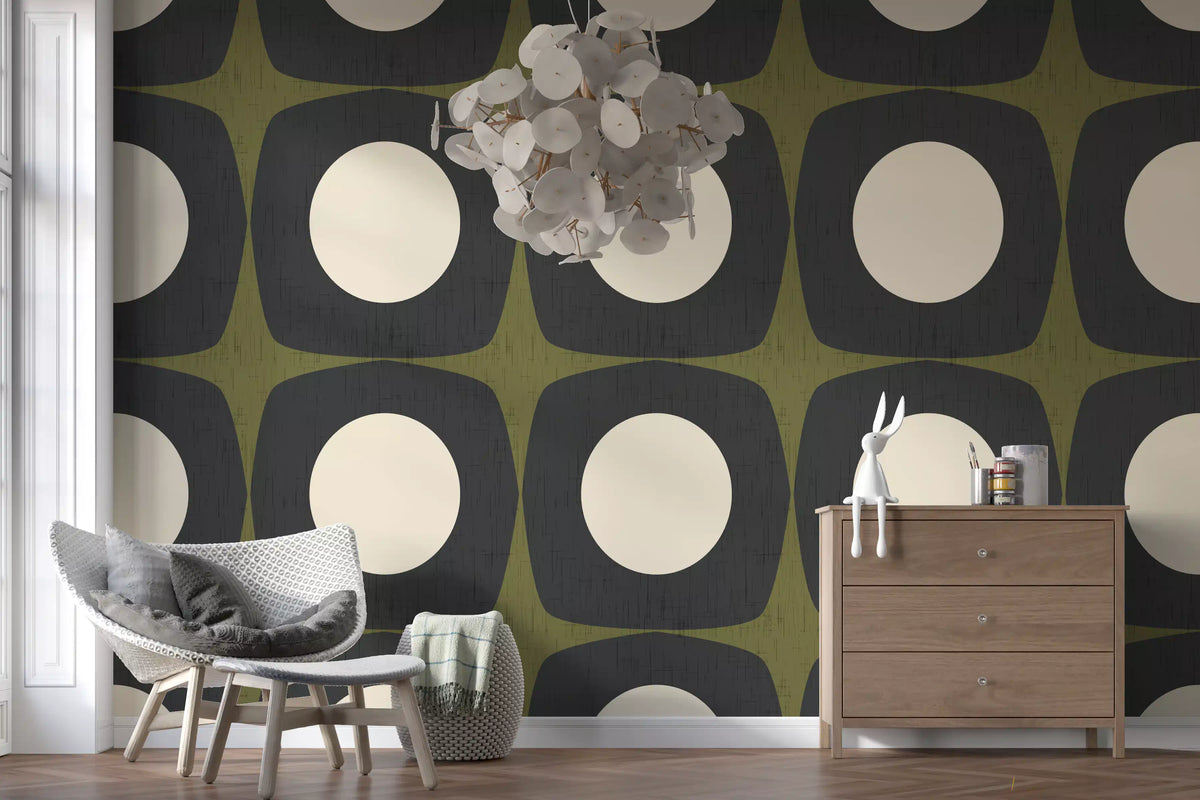 Mid Century Atomic Starburst Wallpaper Charcoal & Olive Wallpaper⁠