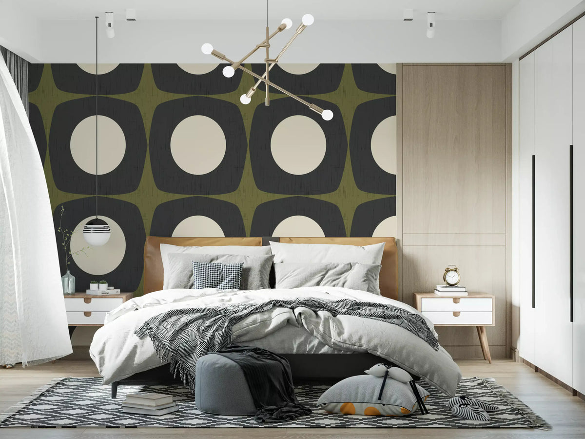 Mid Century Atomic Starburst Wallpaper Charcoal & Olive Wallpaper⁠