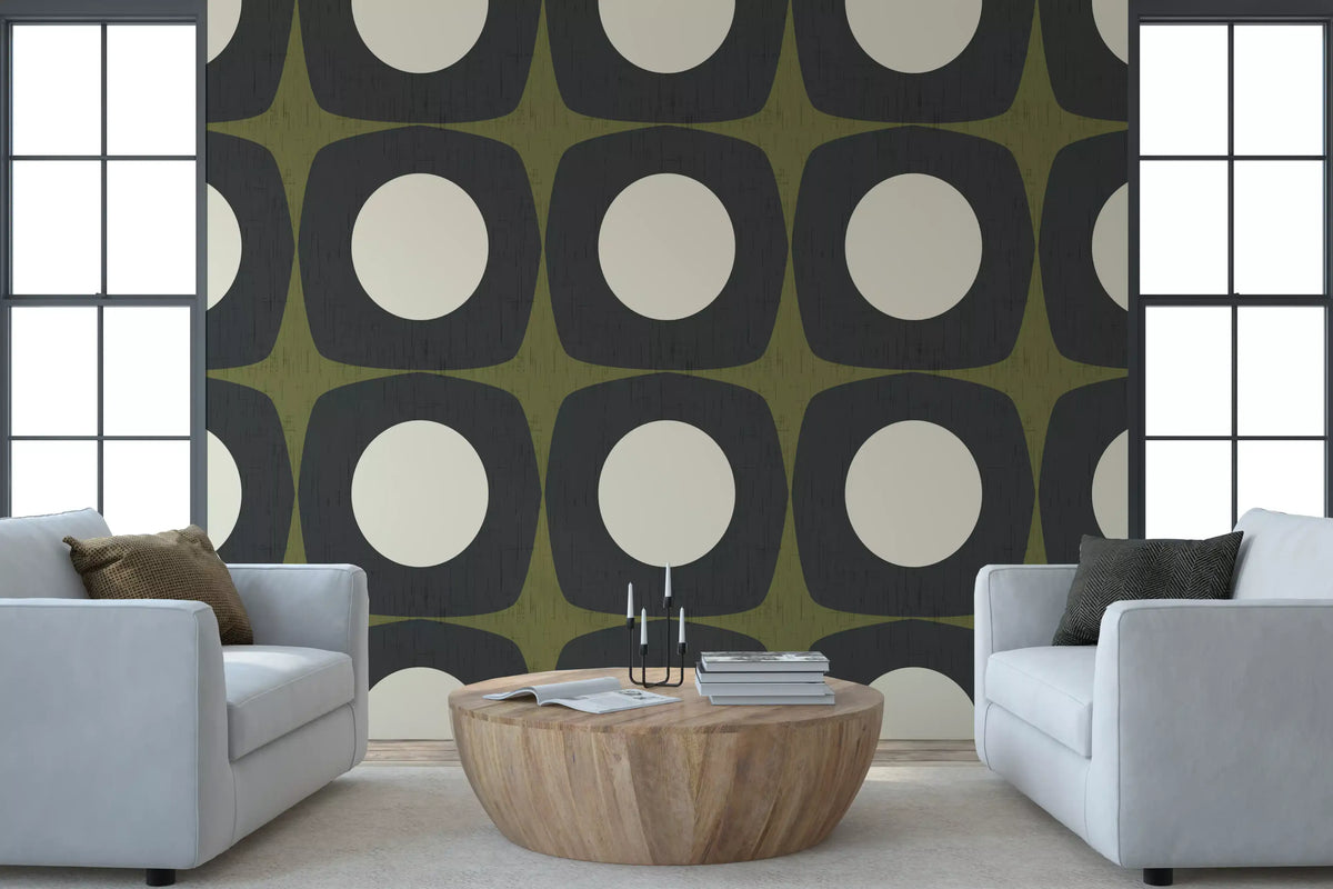 Mid Century Atomic Starburst Wallpaper Charcoal & Olive Wallpaper⁠