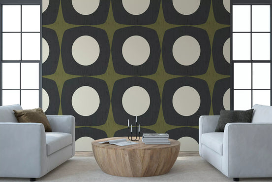 Mid Century Atomic Starburst Wallpaper Charcoal & Olive Wallpaper⁠