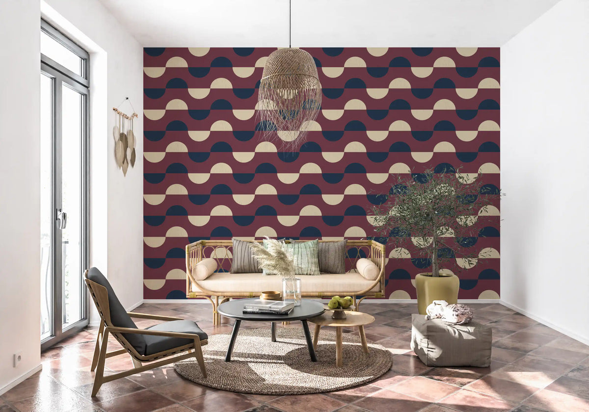 Mid Century Half Moon Wallpaper Burgundy Navy Cream Wallpaper⁠