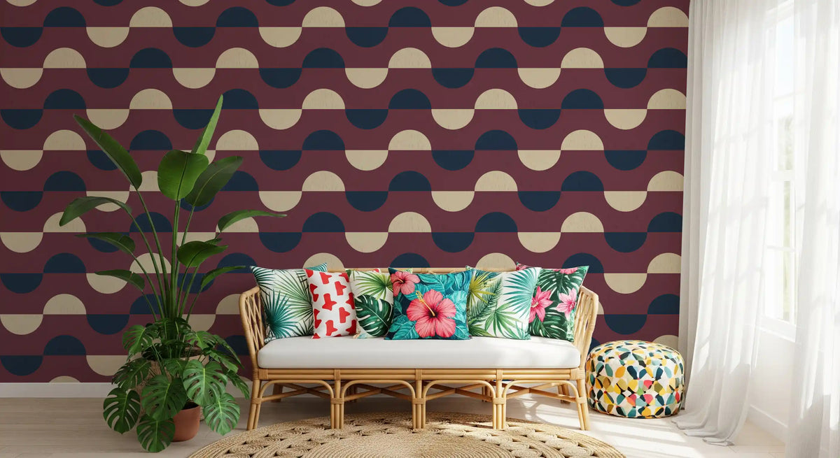 Mid Century Half Moon Wallpaper Burgundy Navy Cream Wallpaper⁠