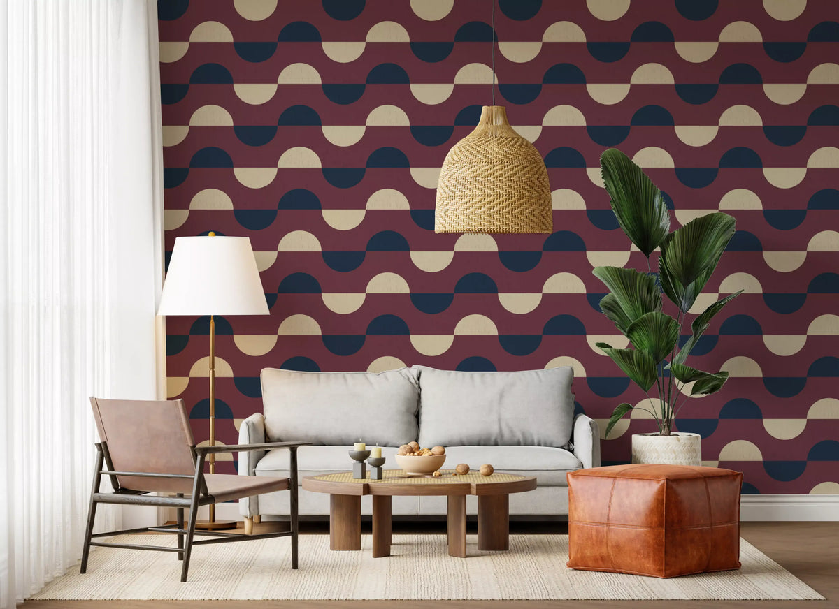 Mid Century Half Moon Wallpaper Burgundy Navy Cream Wallpaper⁠