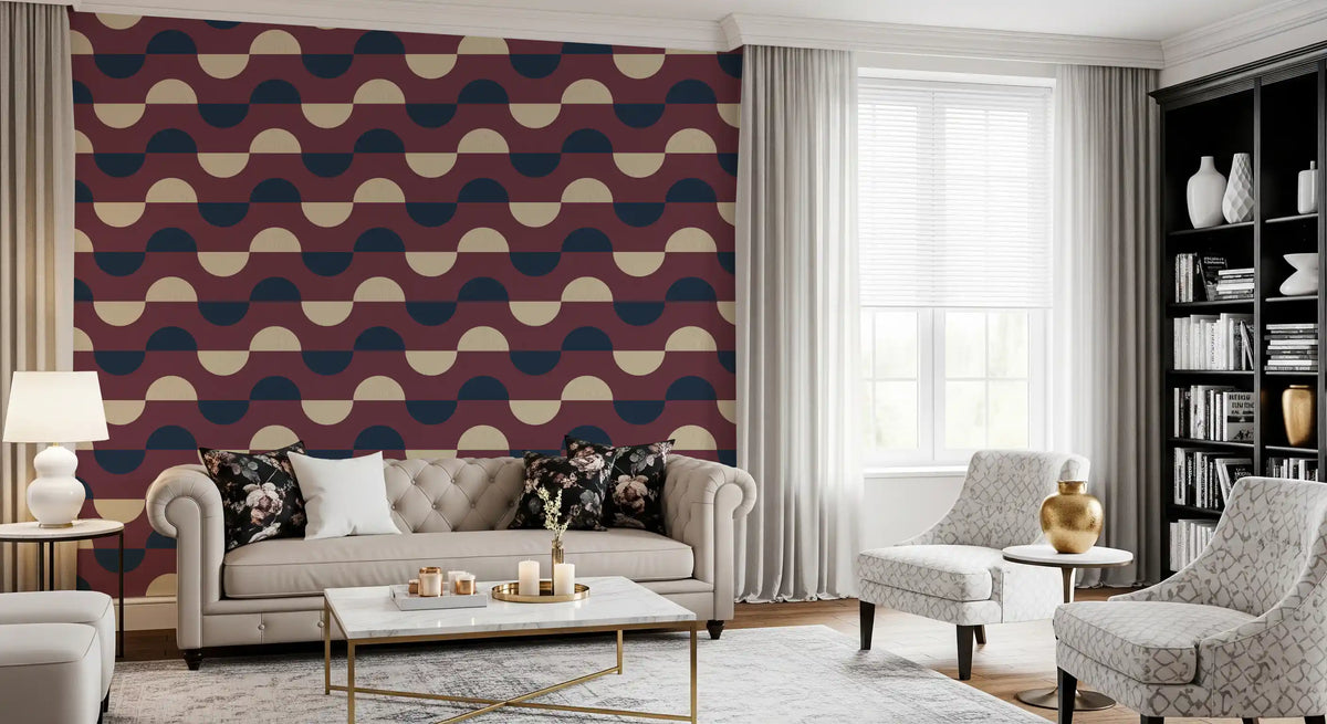 Mid Century Half Moon Wallpaper Burgundy Navy Cream Wallpaper⁠