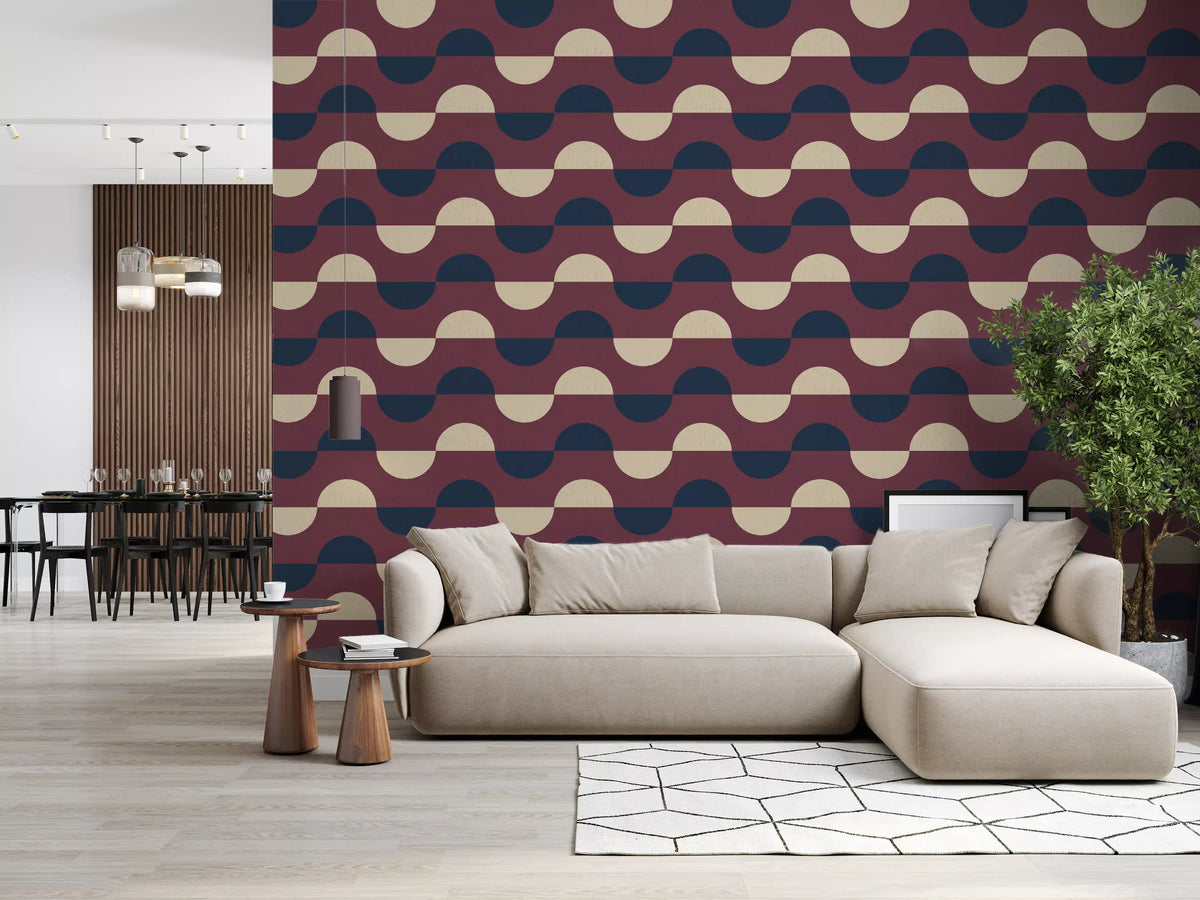 Mid Century Half Moon Wallpaper Burgundy Navy Cream Wallpaper⁠