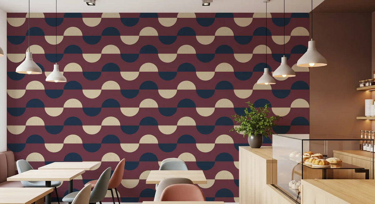 Mid Century Half Moon Wallpaper Burgundy Navy Cream Wallpaper⁠
