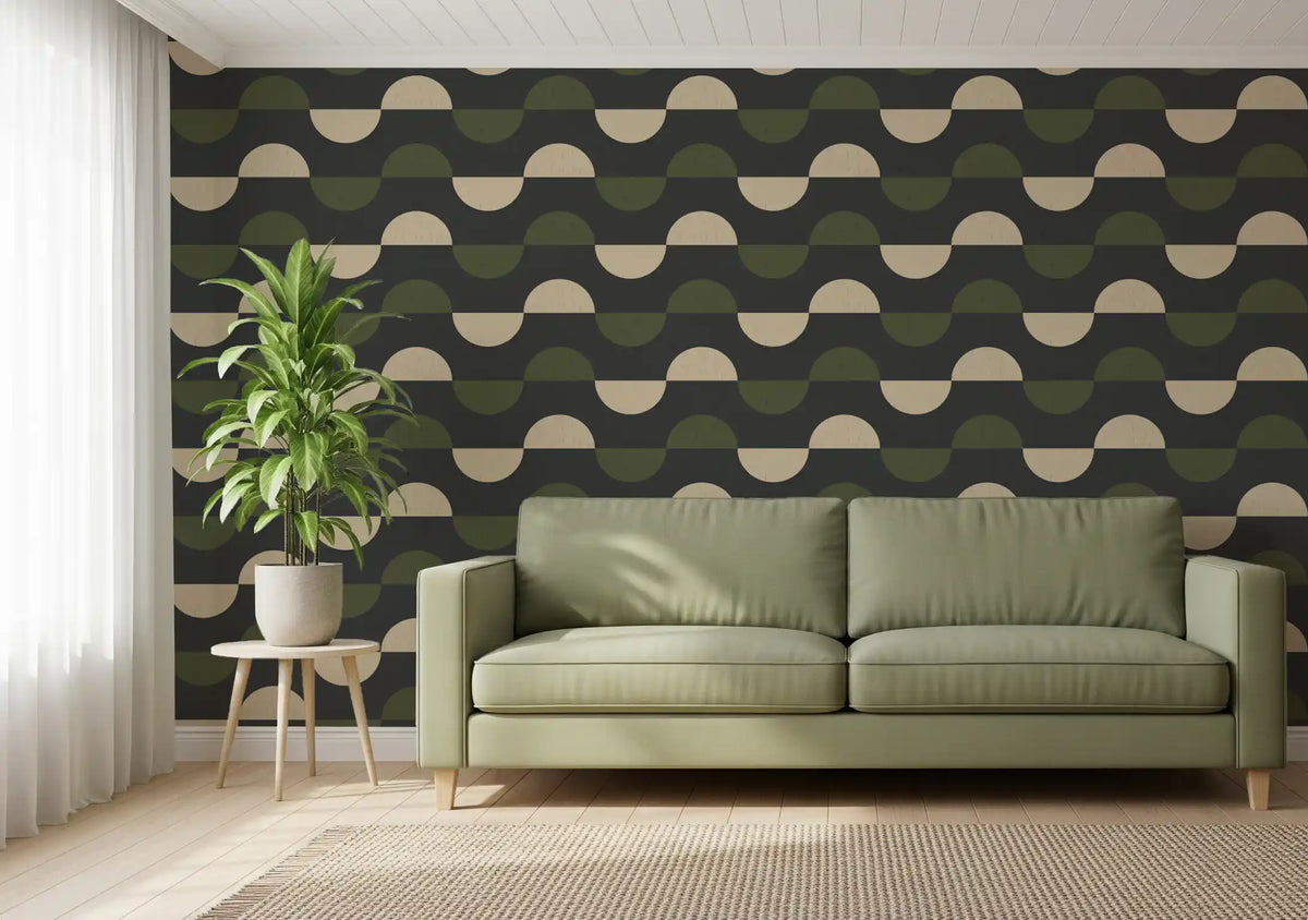 Charcoal and Olive Half Moon Wallpaper Mid Century Geometric Wallpaper⁠