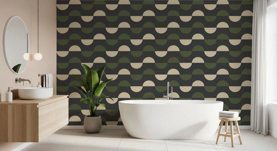 Charcoal and Olive Half Moon Wallpaper Mid Century Geometric Wallpaper⁠