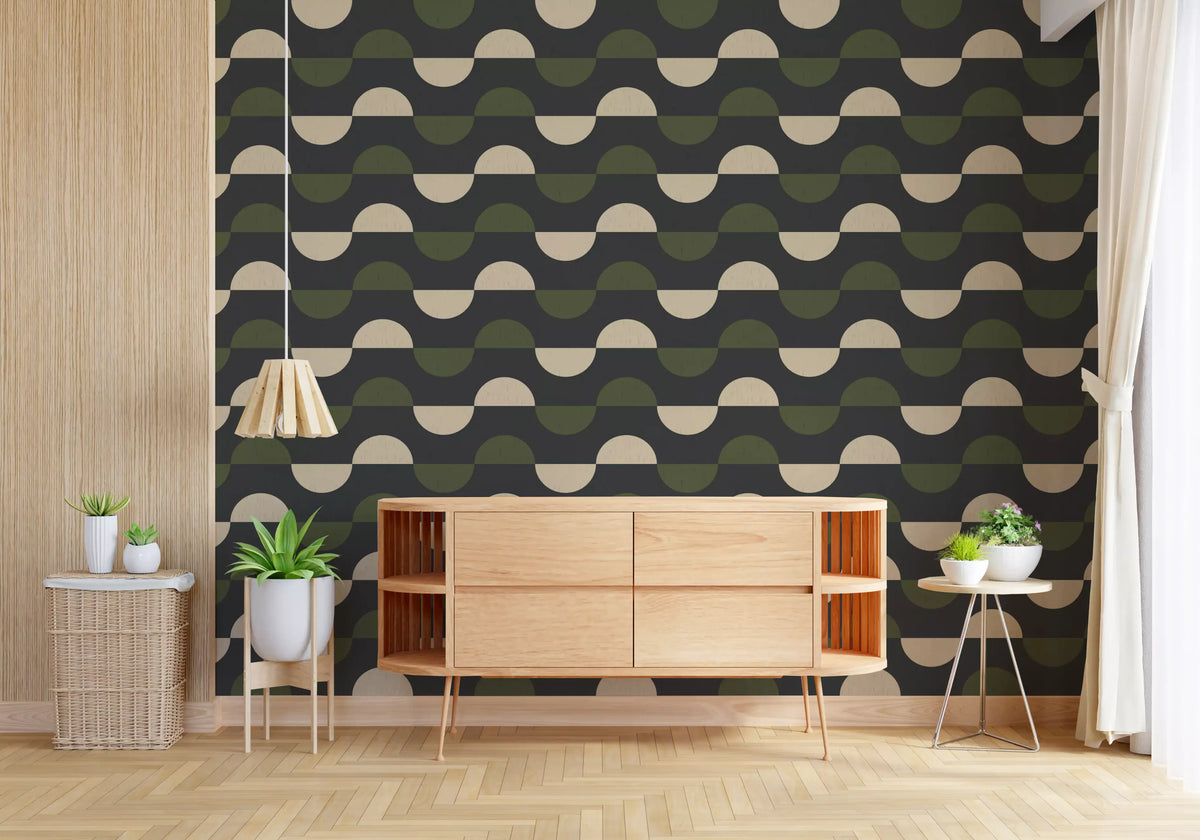 Charcoal and Olive Half Moon Wallpaper Mid Century Geometric Wallpaper⁠