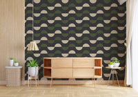 Charcoal and Olive Half Moon Wallpaper Mid Century Geometric Wallpaper⁠