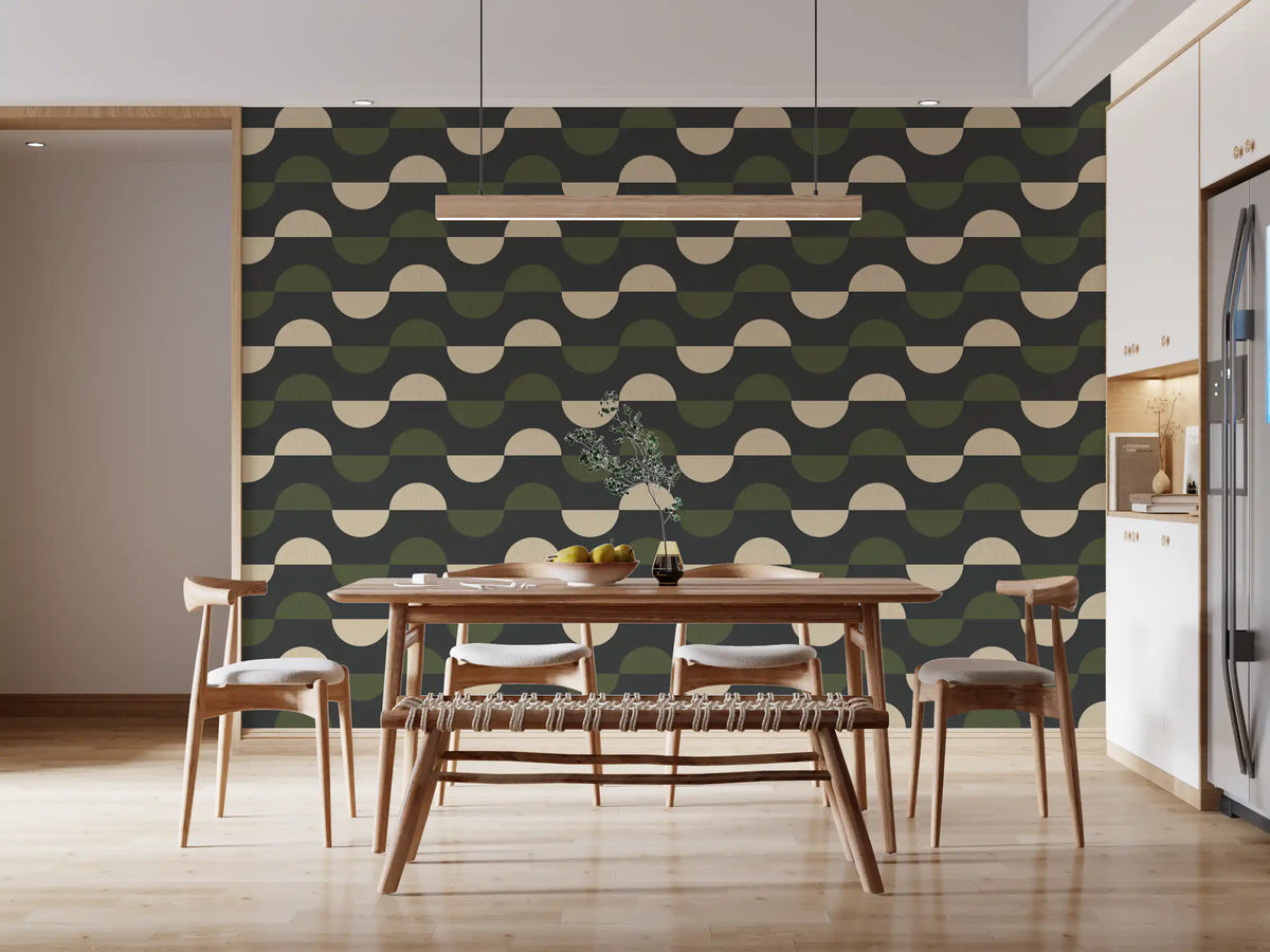 Charcoal and Olive Half Moon Wallpaper Mid Century Geometric Wallpaper⁠
