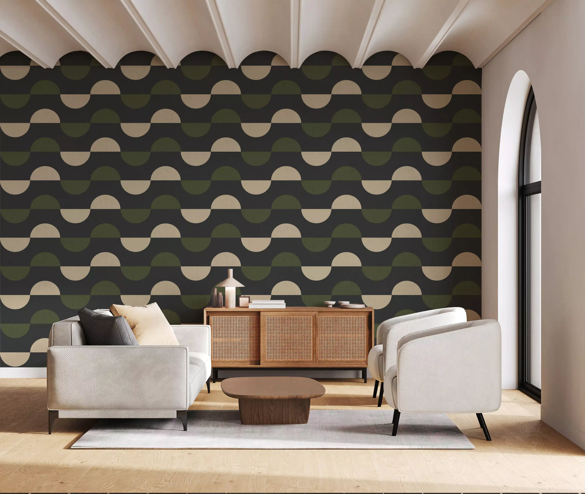 Charcoal and Olive Half Moon Wallpaper Mid Century Geometric Wallpaper⁠