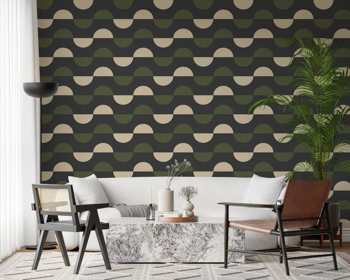 Charcoal and Olive Half Moon Wallpaper Mid Century Geometric Wallpaper⁠