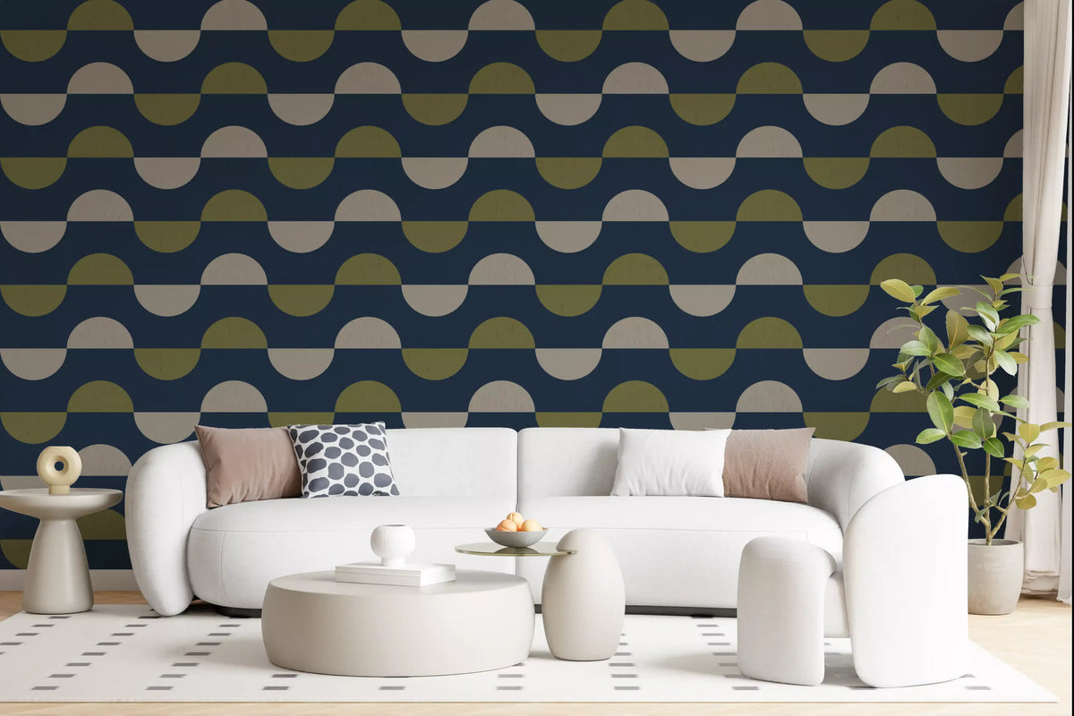 Navy and Olive Half Moon Wallpaper Retro Mid Century Modern Wallpaper⁠