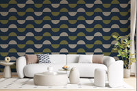 Navy and Olive Half Moon Wallpaper Retro Mid Century Modern Wallpaper⁠