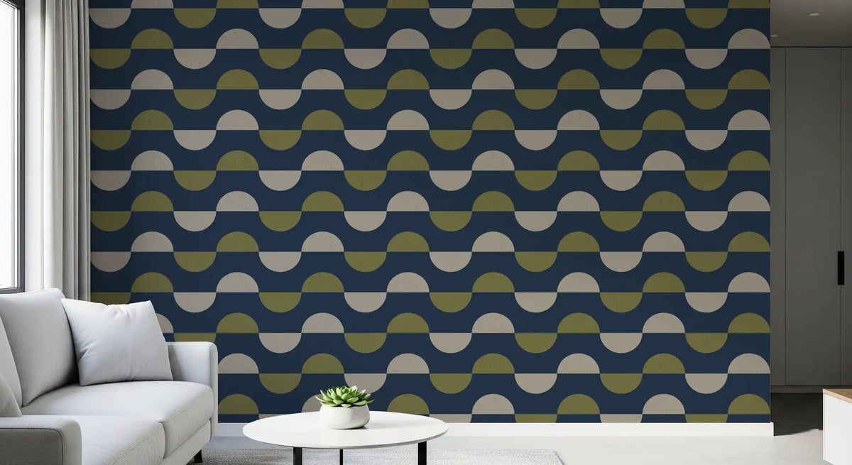 Navy and Olive Half Moon Wallpaper Retro Mid Century Modern Wallpaper⁠