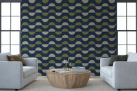 Navy and Olive Half Moon Wallpaper Retro Mid Century Modern Wallpaper⁠