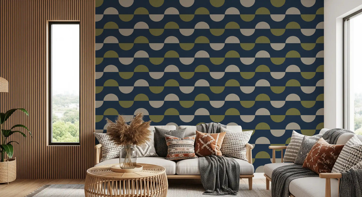 Navy and Olive Half Moon Wallpaper Retro Mid Century Modern Wallpaper⁠