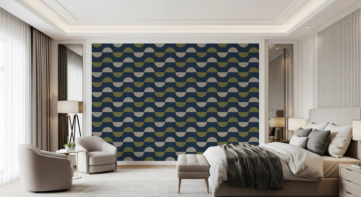 Navy and Olive Half Moon Wallpaper Retro Mid Century Modern Wallpaper⁠