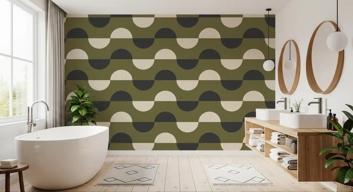 Olive Green Half Moon Wallpaper Mid Century Retro Geometric Wallpaper⁠