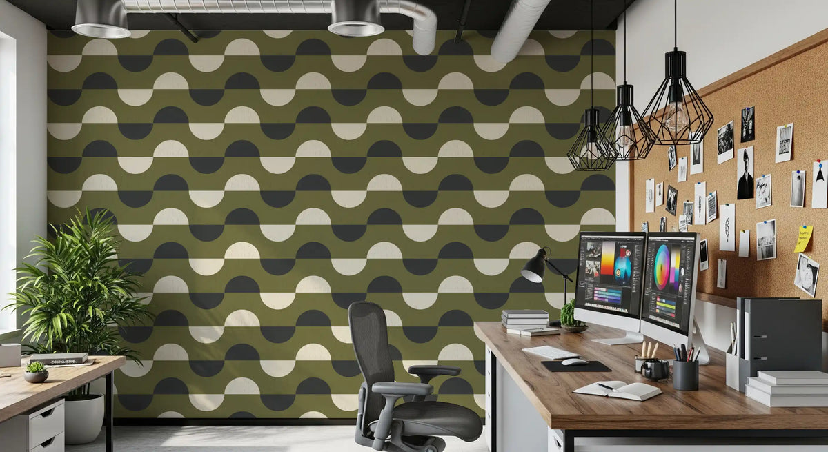 Olive Green Half Moon Wallpaper Mid Century Retro Geometric Wallpaper⁠