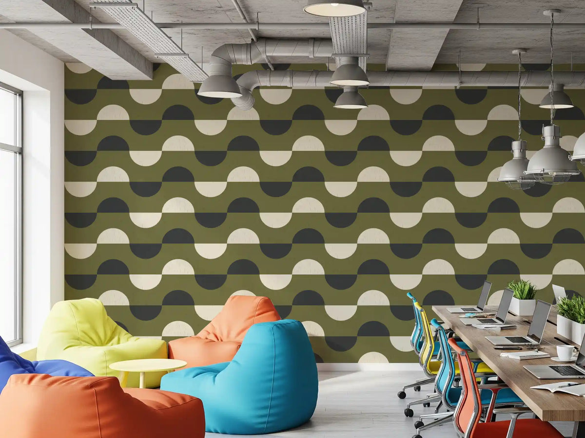 Olive Green Half Moon Wallpaper Mid Century Retro Geometric Wallpaper⁠