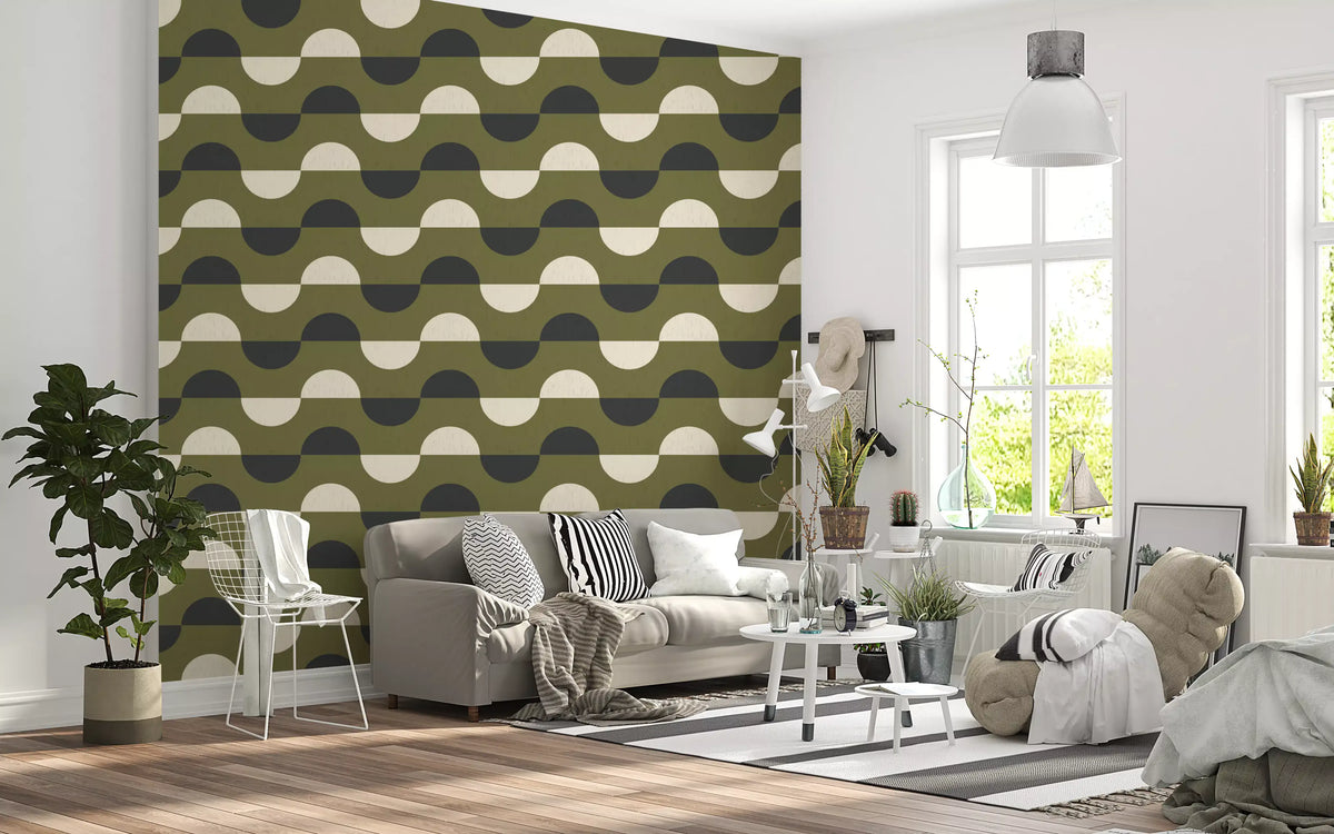 Olive Green Half Moon Wallpaper Mid Century Retro Geometric Wallpaper⁠