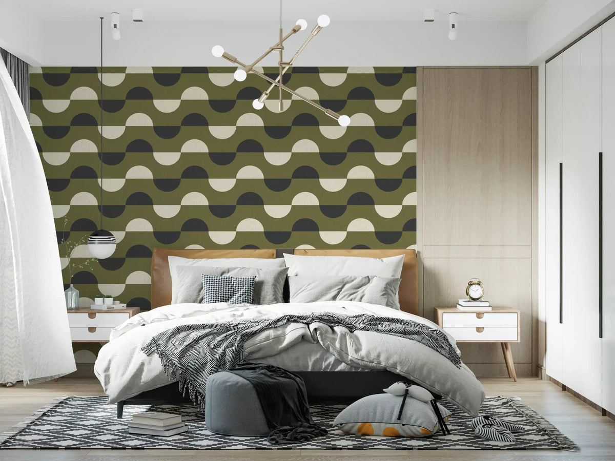 Olive Green Half Moon Wallpaper Mid Century Retro Geometric Wallpaper⁠