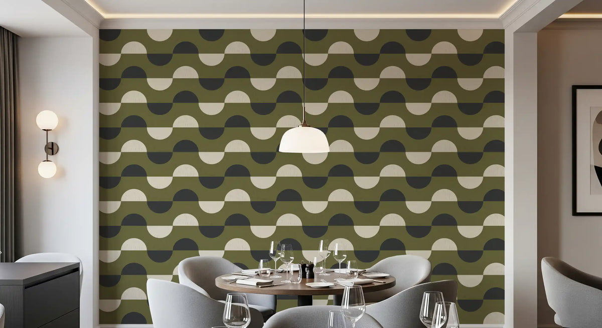 Olive Green Half Moon Wallpaper Mid Century Retro Geometric Wallpaper⁠