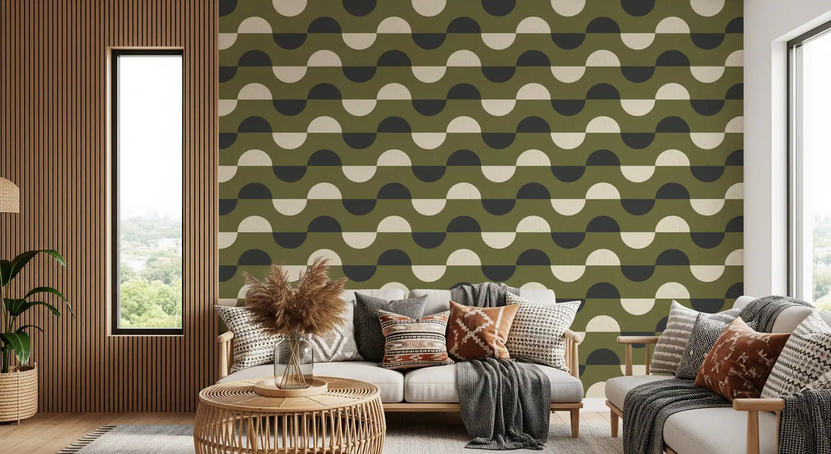 Olive Green Half Moon Wallpaper Mid Century Retro Geometric Wallpaper⁠